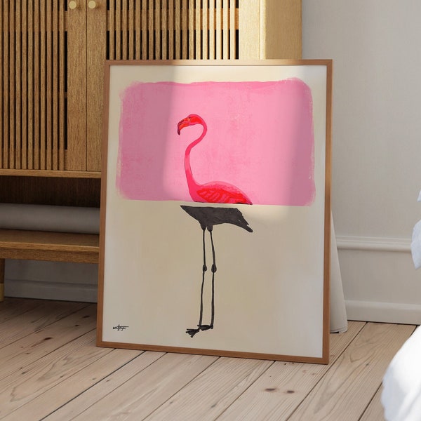 Contemporary Flamingo Portrait in Realistic and Abstract Art Styles with Pink Color Background, Statement Art Print or Gallery Wall Art
