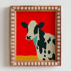 Pop Art Cow Wall Art Print - Bold Black and White Cow on Red Background, Modern Farmhouse Animal Decor with Graphic Color Block Style