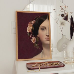 Detail of Woman wearing Flower Crown - Dark Aesthetic Decor, Baroque Wall Art, Renaissance Vintage Victorian Era Painting for Gallery Wall