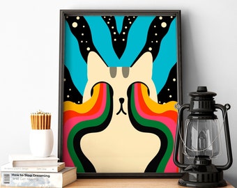Psychedelic Cat Wall Art, Abstract Trippy Poster with Groovy Cat Decor, Funky Print in Retro Hippie Style, Colorful Vibrant Print