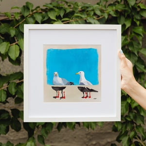 Contemporary Seagull Portrait in Realistic and Abstract Art Styles with Blue Color Background, Statement Art Print or Gallery Wall Art image 1