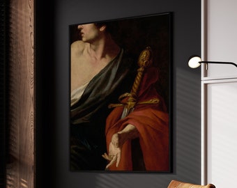 Mooie man met zwaarddetail - Prerafaëlitisch donker esthetisch decor, barokke muurkunst, Renaissance Vintage Victoriaanse tijdperk schilderij