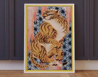 Traditional Japanese Tiger on Patterned Background, Altered Vintage Oriental Art Print, Unique Statement Home Decor, Sizes Small to XL