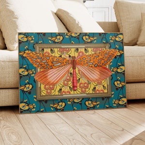 Maximalist Orange Butterfly in Gold Frame, Unique Floral Aesthetic on Busy Background, Baroque Inspired Wall Decor, Modern Hollywood Glamour