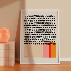 Póster de gato negro moderno de mediados de siglo con detalles en naranja, rosa y rojo. Lámina artística para amantes de los gatos. Decoración escandinava para sala de estar.