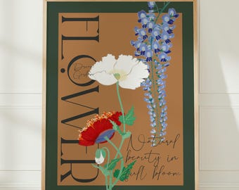 Botanical Flower Wall Art Print – Modern Vintage Floral Illustration with Typography, Nature Inspired Poster, Elegant Garden Decor