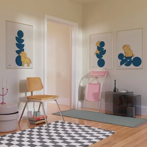 Mitte des Jahrhunderts moderner Golden Retriever - wählen Sie einzeln oder im Set, minimalistische Drucke des spielerischen Hund, der geometrischen Halbkreis-Stapelstapel klettert