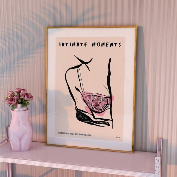 Trendy Boho Line Art Lingerie Ink Drawing : Minimalistic Modern Stylish Bohemian Illustration Poster Print