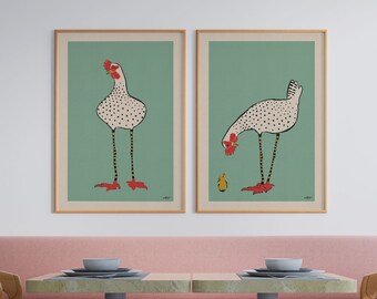 Funny Spotted Chickens - Choose Set or Individual Prints, Illustrated Farmhouse Decor, Cute Country Kitchen Prints