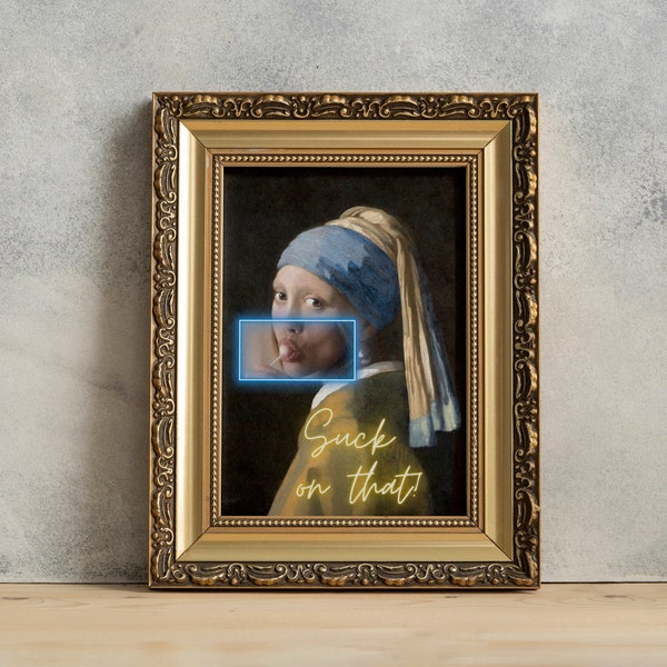 Girl with a Pearl Earring With Lollipop Neon Wall Art, Famous Renaissance Painting, Pop Art Statement, Maximalist Eccentric Quirky Decor