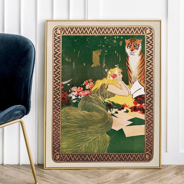 Vintage Woman Lounging with Tiger and Flowers with Ornate Border - Green and Gold Hollywood Regency Wall Art for Classic Timeless Statement