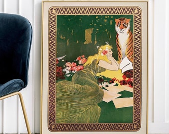 Vintage Woman Lounging with Tiger and Flowers with Ornate Border - Green and Gold Hollywood Regency Wall Art for Classic Timeless Statement