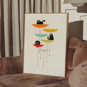 Ilustração de gato preto retrô moderno de meados do século, pôster de decoração geométrica para casa para amantes de gatos e arte de parede minimalista