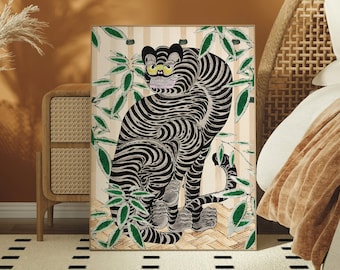 Traditional Korean Tiger Wall Art – Eclectic Vintage Tiger Print with Bamboo, Oriental Decor for Maximalist Lounge or Study