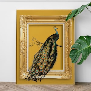 Regal Vintage Peacock in illustrated Gold Frame on Mustard Yellow – Maximalist Hollywood Regency Wall Art, Bold Glam Statement Print