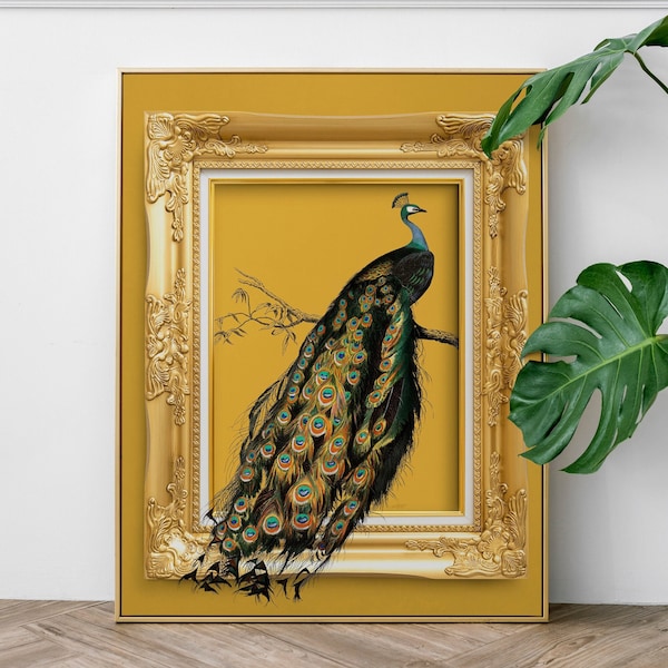 Regal Vintage Peacock set within an image of an ornate gold frame on a mustard yellow background. Maximalist Hollywood Regency