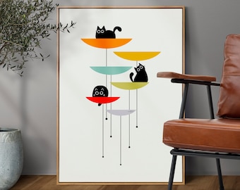 Mid Century Modern Retro Black Cat Illustration, Geometric Home Decor Poster for Cat Lovers and Minimalist Wall Art