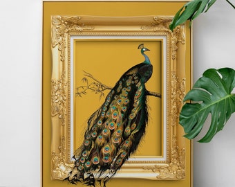 Regal Vintage Peacock set within an image of an ornate gold frame on a mustard yellow background. Maximalist Hollywood Regency