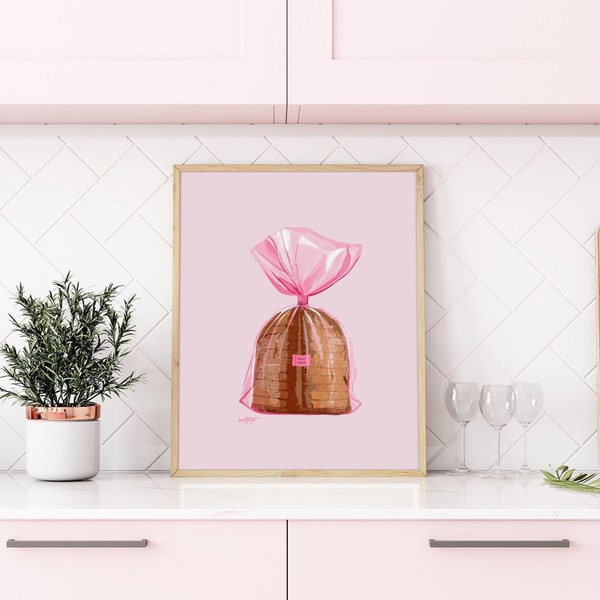 Daily Bread Modern Aesthetic Art Print of Hand Drawn Loaf of Bread in Pink Cellophane Bag Against a Pink Background, Perfect Kitchen Art