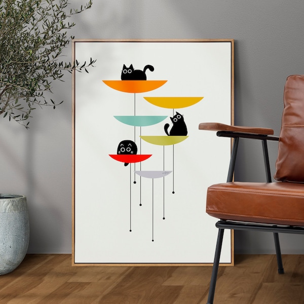 Ilustración de gato negro retro moderno de mediados de siglo, cartel geométrico de decoración del hogar para amantes de los gatos y arte de pared minimalista