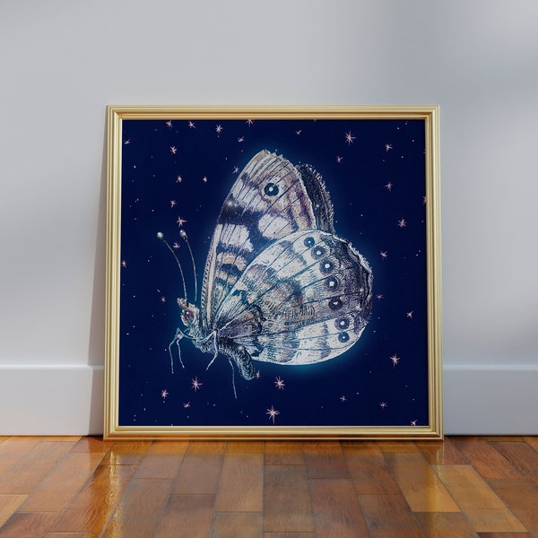 Glowing Butterfly in Starry Night Sky - Pastel Goth, Surreal Neo-Futurism Fantasy Art Decor, Unframed Square Size Print