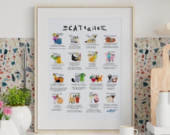 Poster di gatti e cocktail, ricette deliziose, istruzioni passo passo e decorazioni decorative in cucina per gli appassionati di bevande che amano i gatti