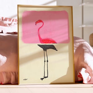 Zeitgenössisches Flamingo Porträt in realistischen und abstrakten Kunststilen mit rosafarbenem Hintergrund, Kunstdruck oder Galerie Wandkunst