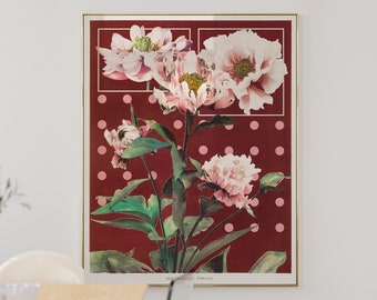 Peonía de estilo retro con lunares: arte de pared con flores botánicas estéticas modernas de mediados de siglo, decoración del hogar con diseño interior vintage moderno único