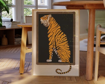 Arte mural vintage de tigre: un llamativo gato de la jungla con marco ilustrado. Decoración minimalista extragrande para hogares modernos o eclécticos.