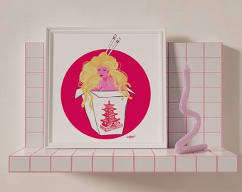 Impresión de arte de cocina peculiar, chica rosa en caja china para llevar con fideos para el cabello, impresión de arte de comida divertida para decoración de cocina