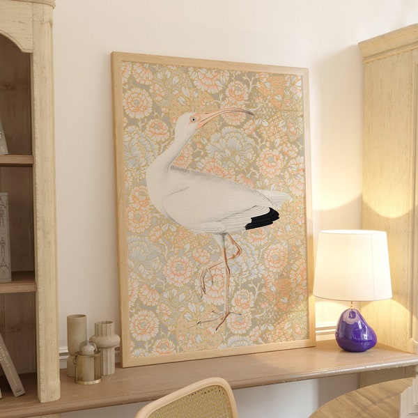 White Ibis on Vintage Floral Pattern Background : Maximalist Hollywood Regency, Eclectic, Bohemian Art Print in Soft Pastel Colors
