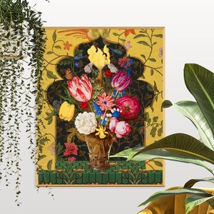 Maximalist Vintage Still Life Flower Vase in Altered Scene : Feminine Floral Eclectic Kitsch Design, Unique Statement Room Accent Art Print