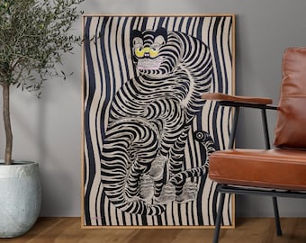 Traditional Tiger Print Vintage Korean Wall Art, Eclectic Boho Home Decor with Striped Background