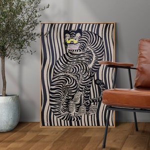 Traditional Tiger Print Vintage Korean Wall Art, Eclectic Boho Home Decor with Striped Background