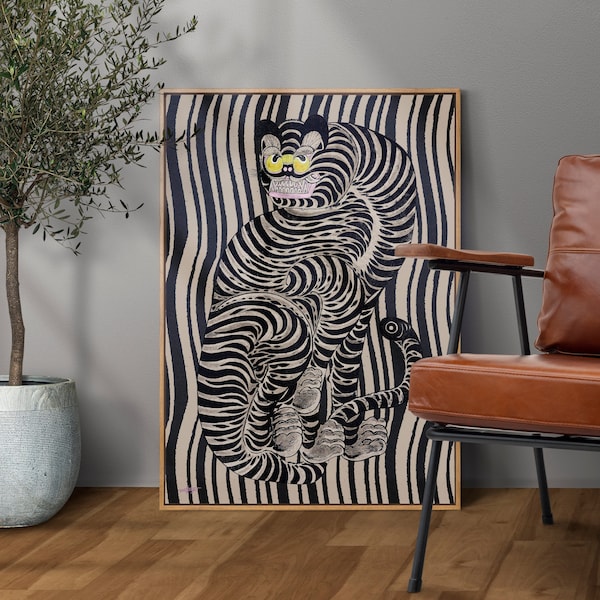 Traditional Tiger Print Vintage Korean Wall Art, Eclectic Boho Home Decor with Striped Background