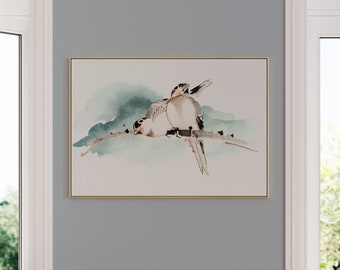 Twee kleine vogels op een groene aquarelachtergrond - Zacht en tijdloos eigentijds galerijwanddecor voor woonkamer of kinderkamer