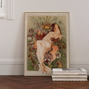 Alphonse Mucha Art Nouveau Woman set within a Vintage Floral Illustration - Classic Luxury Vintage Hollywood Glamour Artwork for Home Decor