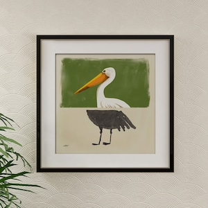 Contemporary Pelican Portrait in Realistic and Abstract Art Styles with Green Color Background, Statement Art Print or Gallery Wall Art