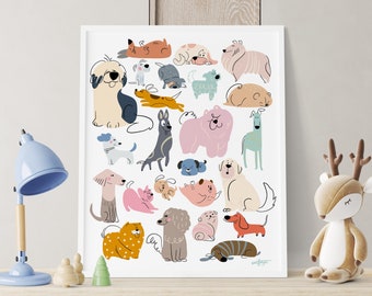 Super Cute Dog Breed Poster for Dog Lovers In Pastel Colors, Multiple Dog Breeds Print Ideal for Pet Owners Makes a Great Gift Idea
