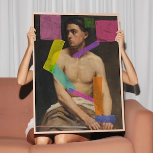 Mooie man met bebloed zwaard en gekleurde tape - gewijzigde Europese klassieke artworkprint, Y2K Cool Girl Boy-kunst, romantisch decor