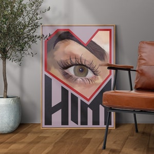 Eye Heart Him: tipografia retrò alla moda, decorazione da parete I Love Him, idea regalo per la decorazione del dormitorio, estetica grigia e rossa, camera da letto per adolescenti