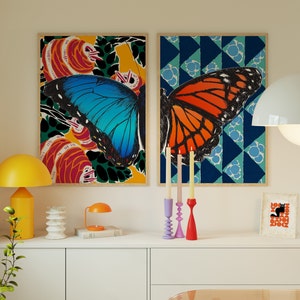 Set of 2 Butterfly Prints on Patterned Background, Maximalist Statement Wall Art for Nature Lovers, Each Print Showcases Half the Butterfly