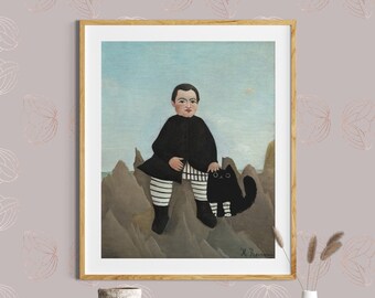 Black cat classical art with twist, The Boy on the Rocks, Henri Rousseau famous painting, Quirky Home Decor Poster