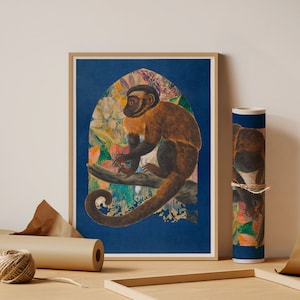 Vintage aapillustratie met kleurrijke junglebloemen – Maximalistische boho-muurkunstdruk, eclectisch, op de natuur geïnspireerd decor
