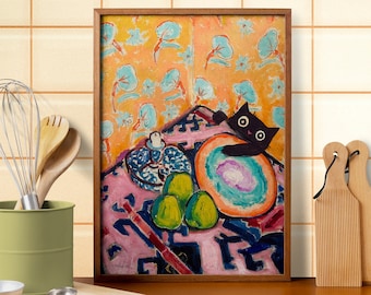 Still Life by Alfred Henry Maurer with a Mischievous Black Cat, A Colorful Maximalist Print Perfect for Cat Lovers and Unique Home Decor