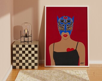 Hedendaags popartportret van een sterke vrouw met een blauw Lochidora-worstelmasker met ingewikkeld gouden ontwerp - moderne wanddecoratie