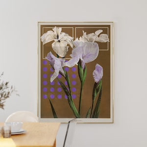 Retro Iris Flower Print – Mid Century Botanical Wall Art with Graphic Dot Pattern, Modern Vintage Home or Gallery Decor