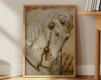 Detail of White Horse in Gold Bridle - Pre-Raphaelite Baroque Wall Art Decor, Renaissance Vintage Era Painting