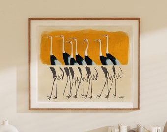 Vintage Japanese Crane Birds in Traditional and Abstract Art Styles with Yellow Color Background, Statement Art Print or Gallery Wall Art