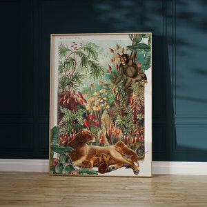 Muurkunst jungle kat en aap – vintage stijl maximalistische print, gewaagd Hollywood Regency jungle-decor, exotisch statement-kunstwerk